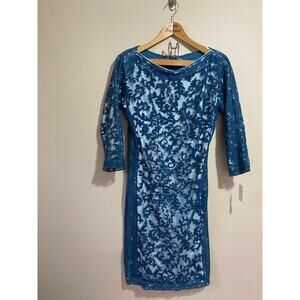 NWT TADASHI SHOJI Contour Panel Embroidered Lace Cocktail Dress Teal 14 Women's